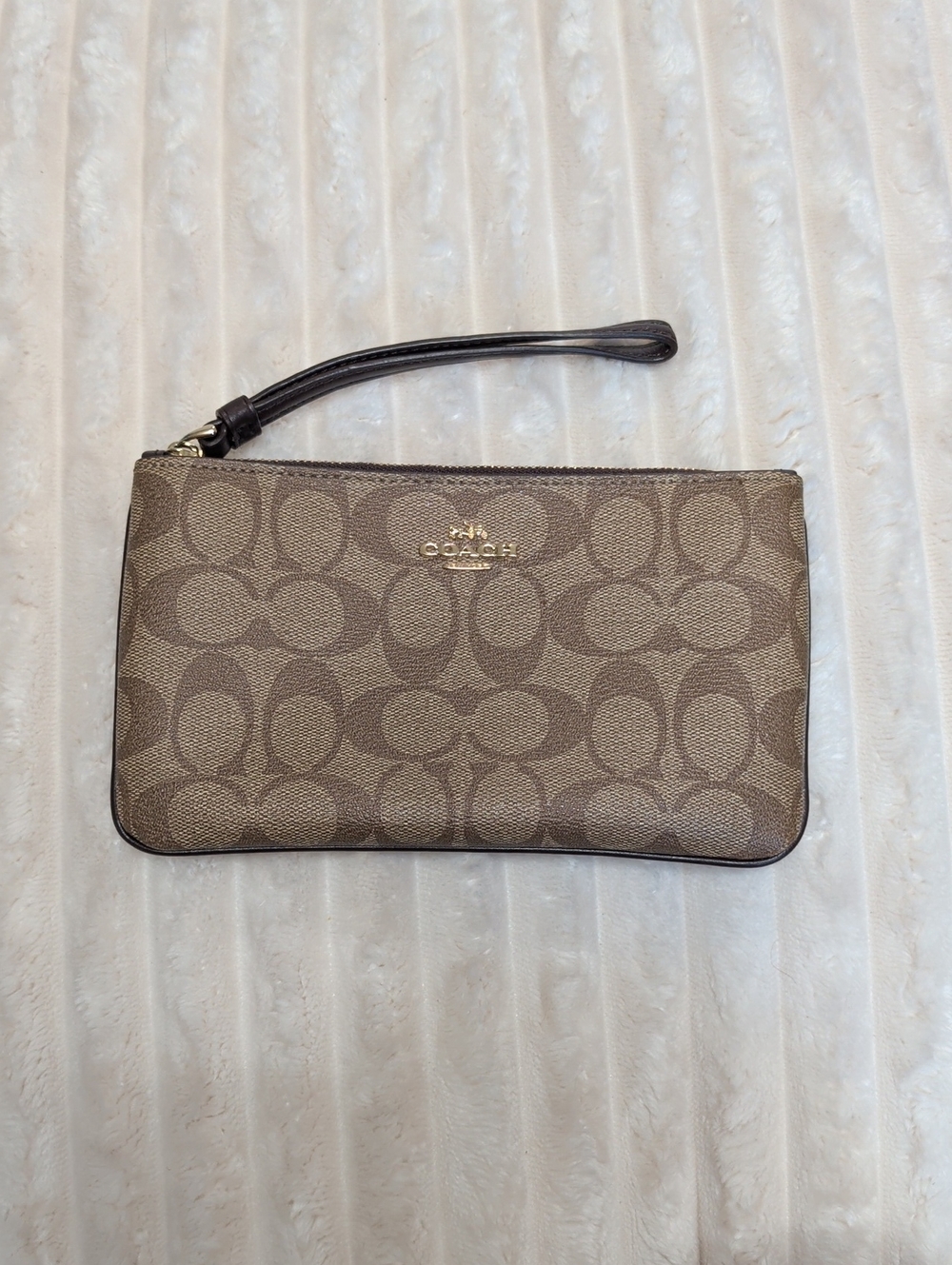 Coach Brown Signature Canvas Zip Wristlet with Leather Strap